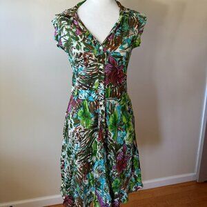 Gold Beetle Button Up Collared Short Sleeve Jungle Floral Print Midi Dress Small